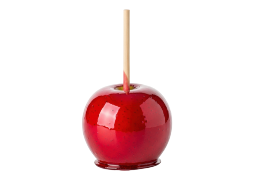 Isolated red candy apple with stick for autumn Halloween fair, crisp treat for kids party