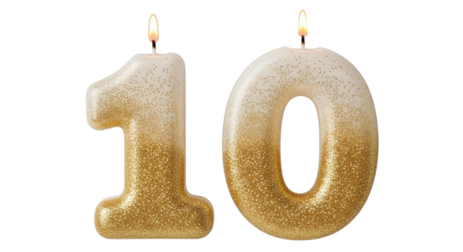 Isolated glitter number 10 birthday cake candles with flame representing tenth celebration