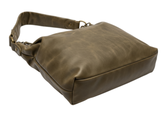 Isolated olive-green leather bag. Stylish shoulder bag with strap. Soft leather, simple design