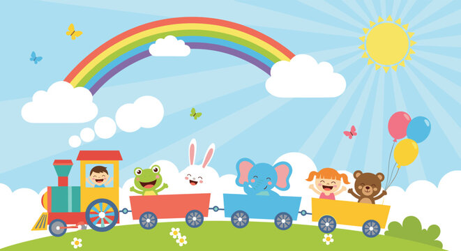 Colorful cartoon of happy children and cute animals riding a toy train under a vibrant rainbow and a smiling sun in a cheerful landscape. - Powered by Adobe