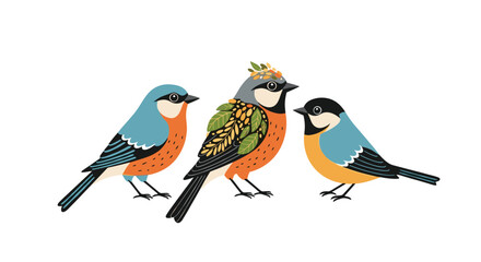 Obraz premium Beautiful illustration of three stylized birds with colorful plumage, with the center bird featuring ornate decorative wings, isolated on a white background.