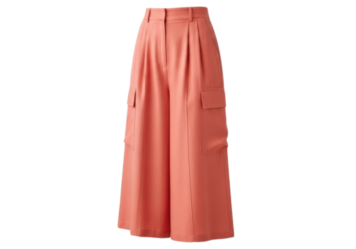 Isolated Stylish high-waisted salmon pink culottes with side cargo pockets studio shot