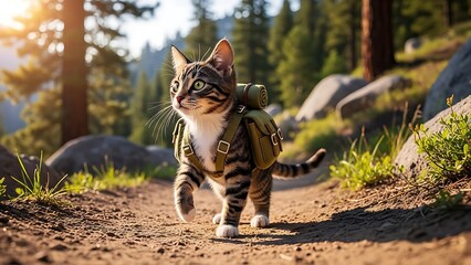 “Playful tabby cat walking confidently on green grass in a bright outdoor garden, sunlight glow, dynamic pose, nature background, sharp details, professional animal photography