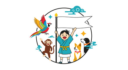 Obraz premium Circular emblem design featuring Japanese folklore hero Momotaro, the Peach Boy, cheerfully holding a blank flag with his animal companions.