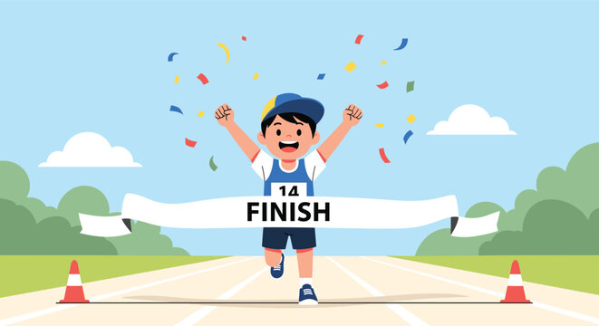 Happy young boy joyfully raises his arms in victory as he runs through the finish line of a race, with colorful confetti falling around him.
