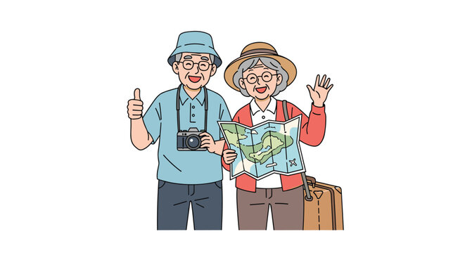 Happy elderly couple enjoys their vacation together, the man holding a camera and giving a thumbs up while the woman waves and holds a map.