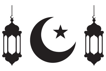 Islamic lantern and crescent moon with star silhouette icon on white background
