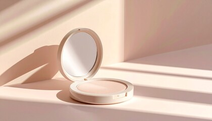 Elegant powder foundation compact with mirror, bathed in soft natural light for a sophisticated and modern beauty product shot on a pink surface
