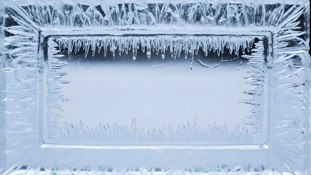 A close-up view of a rectangular ice block with delicate frost patterns forming a natural frame around its clear center.