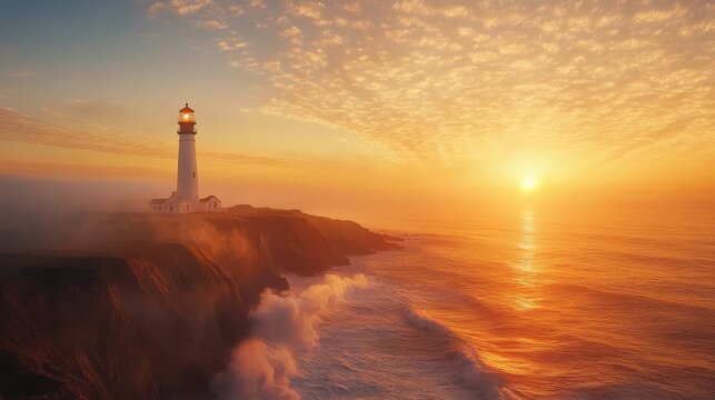 Coastal Beacon Illuminating a Golden Dawn Above a Rugged Cliffside Retreat