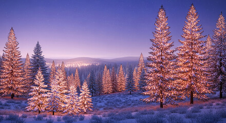Fototapeta premium Snow-covered spruce tree under a starry, violet night sky, representing winter landscape, holiday season, quiet nature, perfect for festive, serene concepts