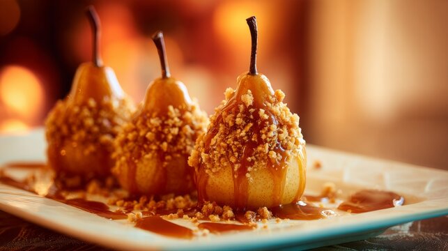 Baked pears with caramel sauce and crumble topping