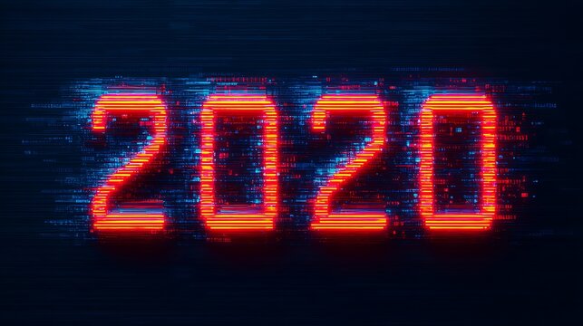 A digital representation of the year "2020" with a neon effect, featuring a glitchy design that conveys a sense of modernity and technology. - Powered by Adobe