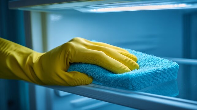 Hand in yellow glove cleaning fridge shelf with cloth