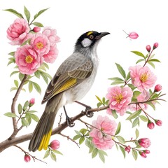 A graceful bulbul sitting in ripe pink rose-like flowers, clear and bright, white background.
