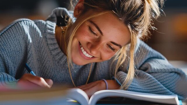 Female student smiling while highlighting textbook, cinematic soft background blur, daylight from window creating warm glow, emotion of enthusiasm and peace, representation of progress and positivity.