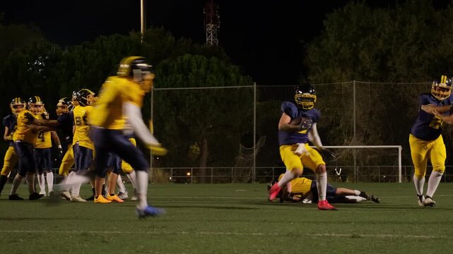 American football players celebrating a touchdown during a game on a stadium field at night