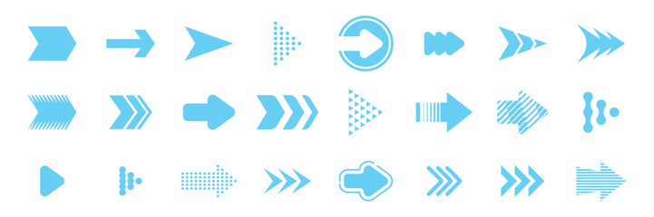 Blue arrow icons in multiple styles for direction, navigation, UI design, and infographic elements.