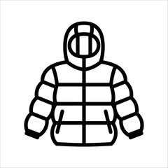 Black and white line art icon of a warm hooded puffer jacket for winter clothing, isolated on