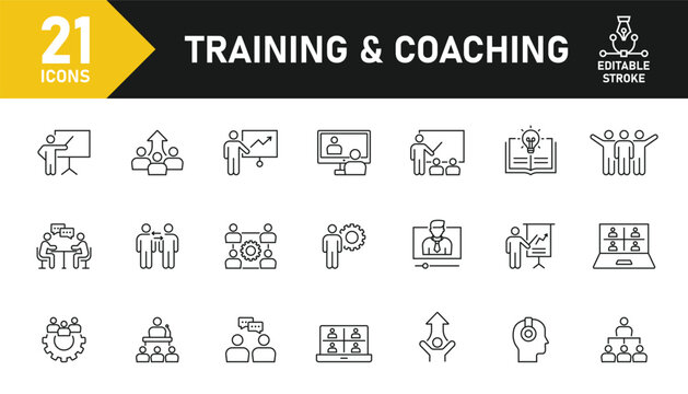 Training and Coaching line icon set. Set of 21 outline icons related to training, coaching, mentoring, education, seminar, meeting, course, meeting and others. Editable stroke. Vector illustration.