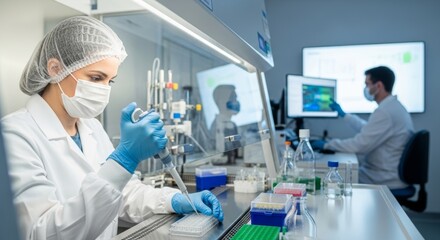 Female scientist pipetting in modern laboratory with colleague analyzing data