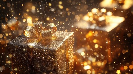 Elegant gold gift box with ribbon and glittering lights for luxury celebrations