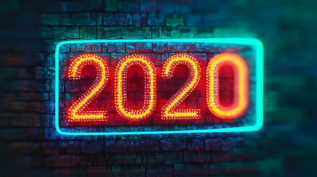 A vibrant neon sign displaying the year "2020" with a blurred background, creating a dynamic visual effect.