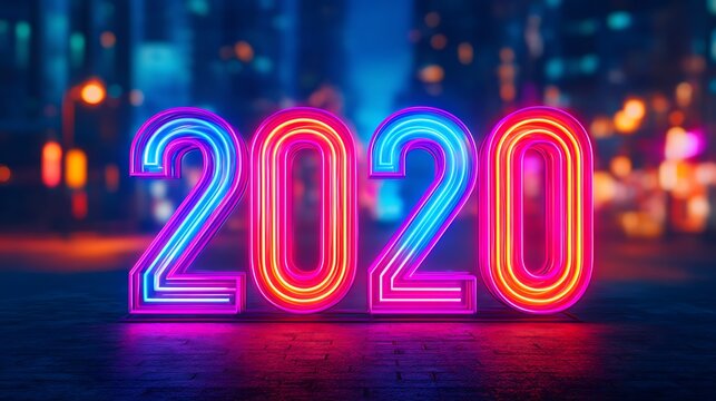 A vibrant neon display of the year "2020" against a blurred urban backdrop, capturing a lively and festive atmosphere.