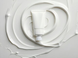Elegant white cream swirls around a blank tube, perfect for beauty, skincare, or healthcare product promotions and marketing campaigns