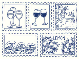 Hand-Drawn Italian Postage Stamp Doodle Set &ndash; Wine Glasses, Amalfi Coast, Lemon Tree & Ocean Waves Vector