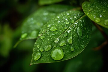 Fototapeta premium Macro photography of fresh morning dew drops on a green leaf. Natural texture background.