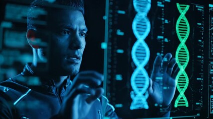 Man interacts with futuristic holographic DNA interface display. - Powered by Adobe