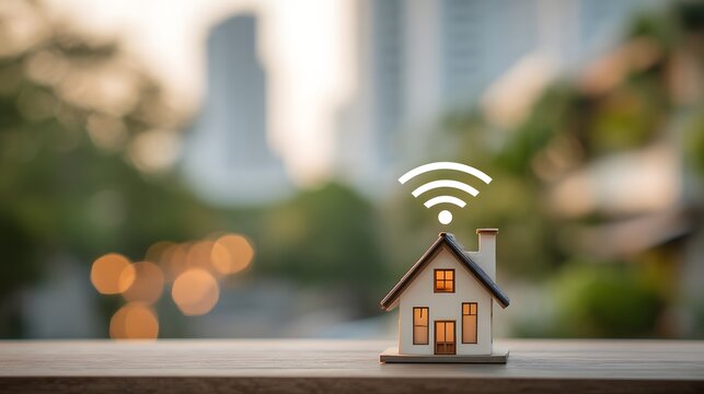 Smart home technology with wifi symbol above house model, wireless internet connectivity and modern IoT automation concept, digital lifestyle