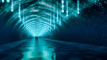 Glowing digital tunnel extends into infinite darkness, illuminated by flowing particle streams, atmospheric light trails, mysterious binary code fragments, surreal cyberspace visualization scene - Powered by Adobe