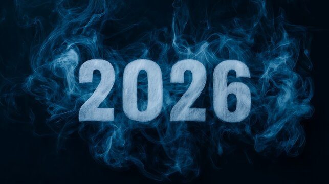 A stylized representation of the year "2026" surrounded by blue smoke against a dark background, creating a mystical and futuristic vibe.