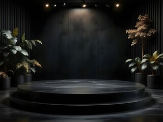Stunning minimalist stage for product display or luxury event backdrop, featuring elegant dark marble and vibrant plant accents in a professional setting