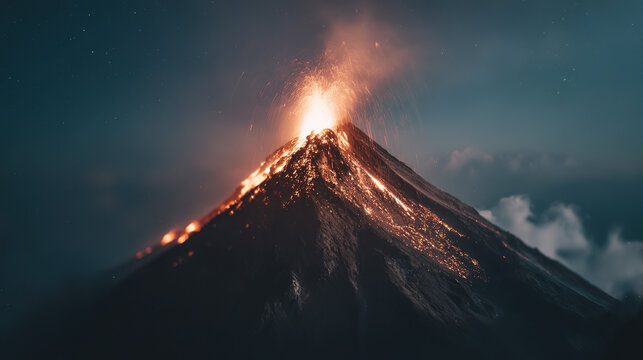 erupting. A powerful volcano erupting with lava and ash against the sky. ESG reports, sustainability campaigns, designed for sustainability communications and ESG reporting.
