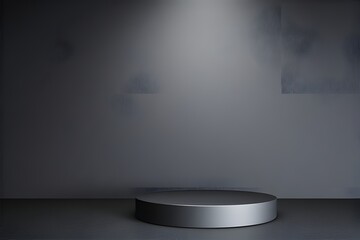 Sleek modern product display stand illuminated by spotlight, perfect for showcasing luxury items or minimalist designs in a studio setting with a gray background