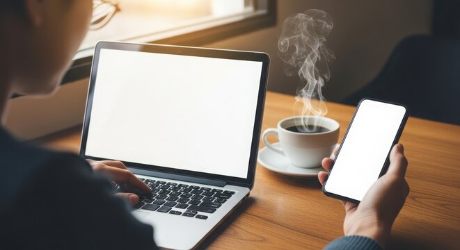 Person working on laptop holding smartphone blank screens, enjoying coffee in a cafe or office - Powered by Adobe