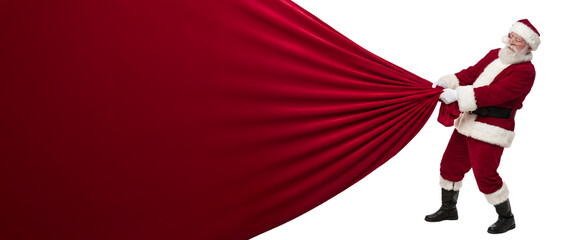 Jolly Santa Claus pulling a huge red bag filled with presents, isolated on transparent PNG background with wide copy space for holiday design use.