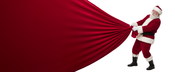 Jolly Santa Claus pulling a huge red bag filled with presents, isolated on transparent PNG background with wide copy space for holiday design use.