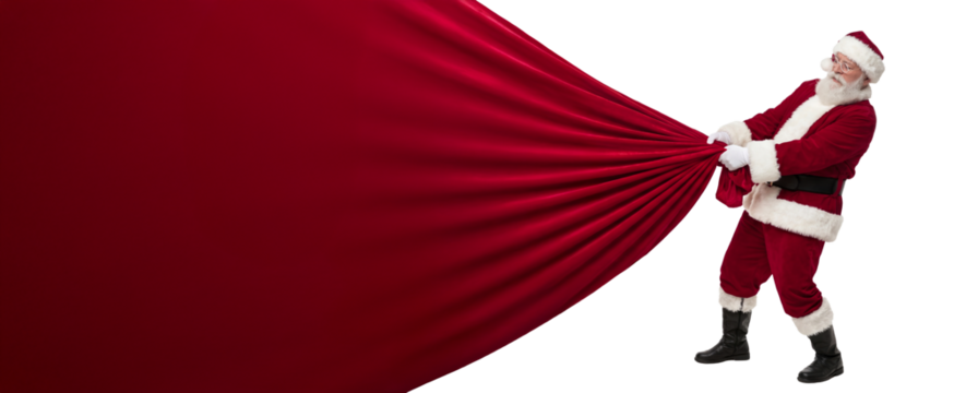 Jolly Santa Claus pulling a huge red bag filled with presents, isolated on transparent PNG background with wide copy space for holiday design use.