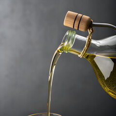Golden Olive Oil Pouring from Glass Bottle. Healthy Cooking Ingredient. on transparent background