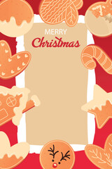 Christmas frame design Red color Christmas gingerbread, Greeting banner template, invitation. New Year's 