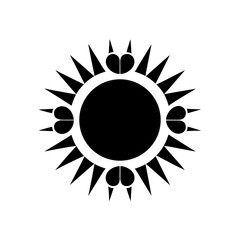 Black sun with spikes and heart decorations on transparent background silhouette