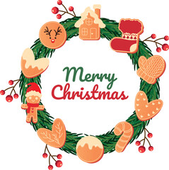 Christmas wreath design with "Merry Christmas" text, Green pine trees, fir branches, red berries, Christmas gingerbread, Greeting banner template, invitation