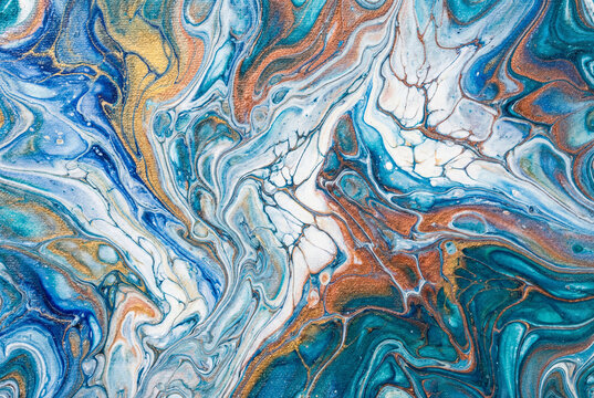 Luxurious abstract fluid art painting with blue, gold, and white hues. Liquid marble texture, acrylic pour technique with swirling cells for modern background design.