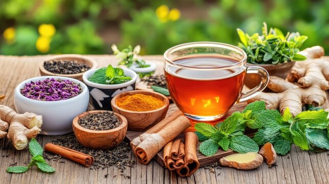Herbal tea setup with ingredients like ginger, cinnamon, tulsi, and mint arranged on a rustic wooden table