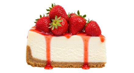 Isolated slice of cheesecake with strawberries and berry sauce drizzled on top, cut out