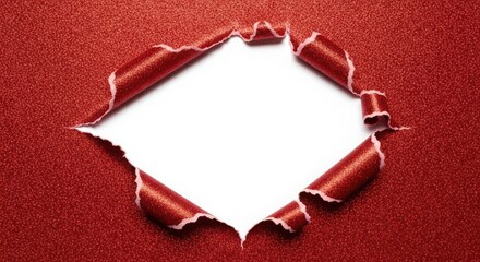 Torn red glitter paper revealing a white blank space for text or design, perfect for festive messages